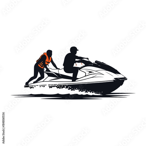 Jet ski rescue silhouette with life vest representing emergency response icon for coast guard usage concept vector