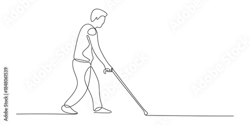 One line drawing of blind man walking with white cane on