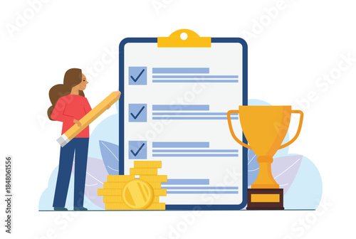 Successful completion of business tasks. Target award for best results in business. Trophy with handles, cup for successful completion of tasks and achieving success.