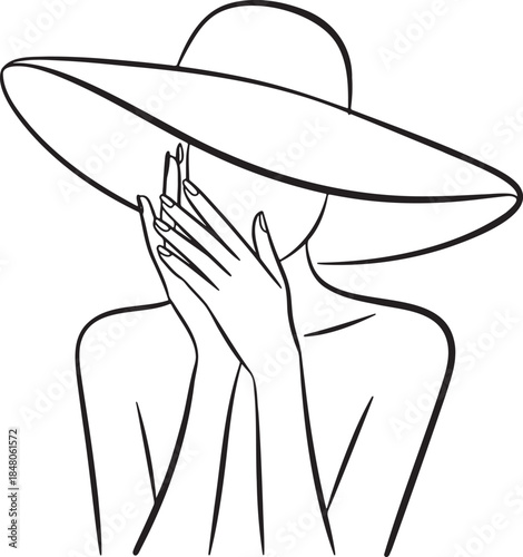 Woman in wide brim hat covering face with hands continuous line art vector illustration