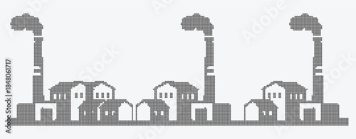 Industrial Factory Landscape with Smokestack, Black and White
