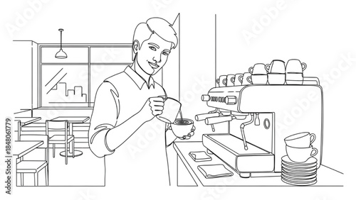High-quality black continuous line art of a young adult working at a café as a barista, coffee shop service, modern hospitality, minimalistic illustration