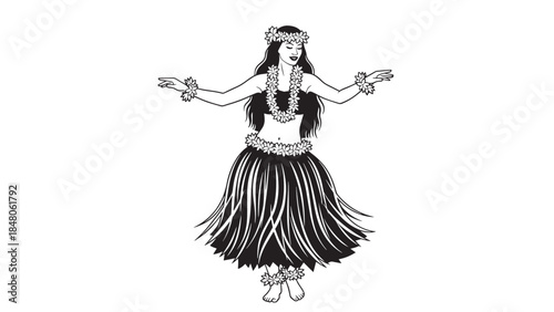 Illustration of a hula dancer wearing a grass skirt in a graceful pose.
