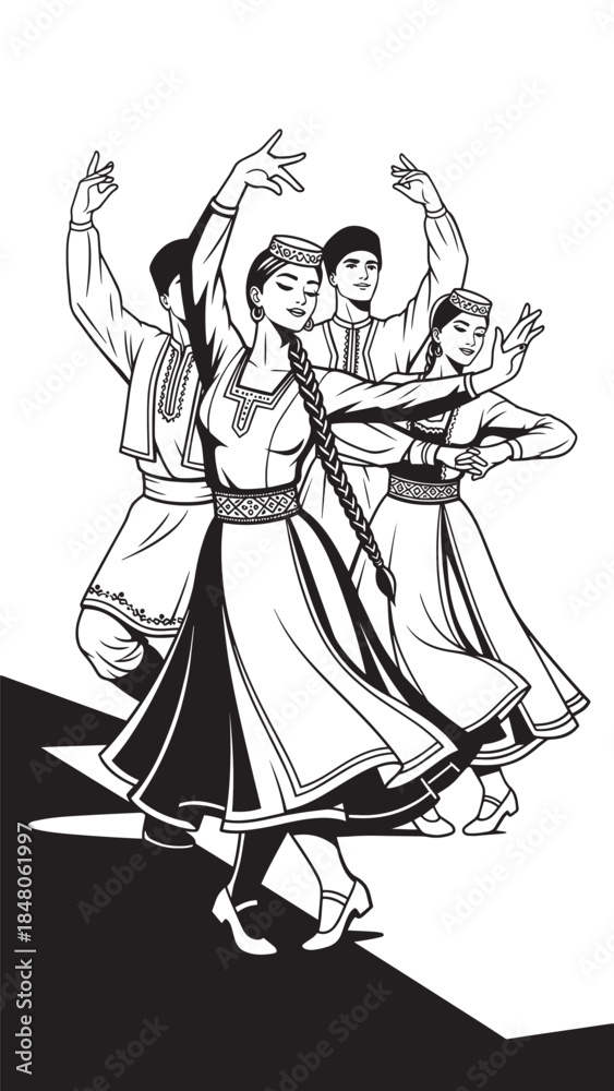 Obraz premium Group of dancers in traditional attire performing a coordinated cultural dance.