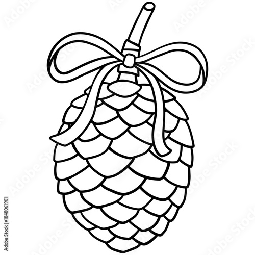 glossy pine cone or conifer cone with cute bow for winter christmas line outline doodle hand-drawn