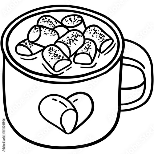 hot cocoa and heart marshmallow in enamel cup for wintertime of couple line outline doodle hand-drawn