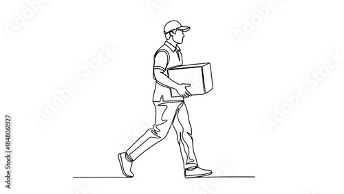 High-quality black continuous line art of a young adult delivery worker carrying a package, courier service, logistics job, minimalistic illustration