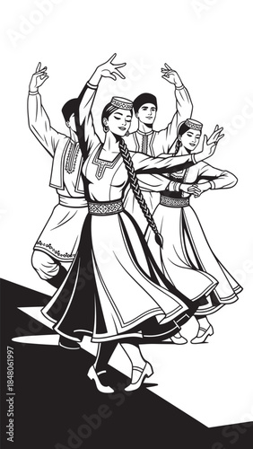 Group of dancers in traditional attire performing a coordinated cultural dance.