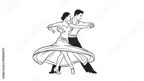 Elegant ballroom dance: a graceful couple performing a swirling twirl with vintage attire on stage.