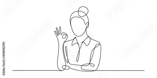 Woman making ok hand gesture, continuous line drawing