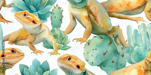 Exotic watercolor bearded dragon and succulent seamless pattern for reptile enthusiast branding, nature-inspired textiles, fabrics, and botanical home decor