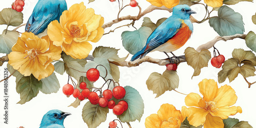 Beautiful blue bird with yellow flower and red berry seamless pattern for nature inspired textiles, spring wallpapers, and delicate stationery