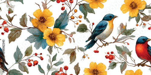 Beautiful blue bird with yellow flower and red berry seamless pattern for nature inspired textiles, spring wallpapers, and delicate stationery