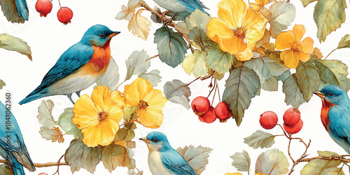 Beautiful blue bird with yellow flower and red berry seamless pattern for nature inspired textiles, spring wallpapers, and delicate stationery