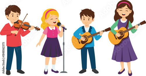 Group of cheerful children playing musical instruments and singing together in colorful cartoon style, perfect for education, music, and performance illustrations.