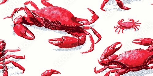 Vintage red crab engraving with stippled shadows seamless pattern for seafood restaurant branding, coastal textiles, and nautical wallpapers