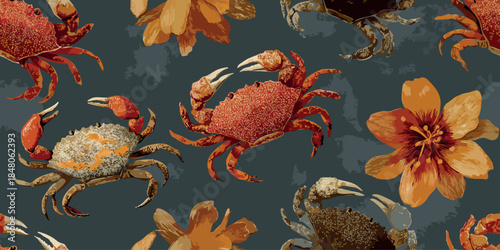 Antique crab and orange floral blossom seamless pattern on dark background for moody textiles, botanical wallpapers, and high-end packaging