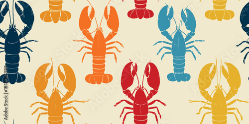 Colorful minimalist lobster silhouette seamless pattern for modern seafood branding, summer textiles, and vibrant beach house wallpapers