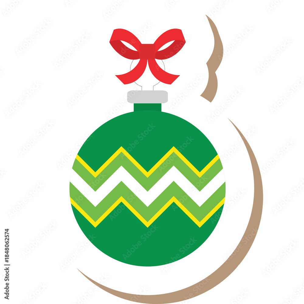 Obraz premium A festive green Christmas ornament illustration with zigzag patterns, a red ribbon bow on top, and a simple flat design, created in a cute, colorful, and modern holiday icon style.