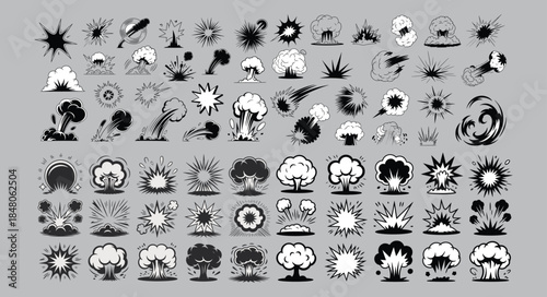 Dynamic collection of cartoon explosion and impact effects in black and white