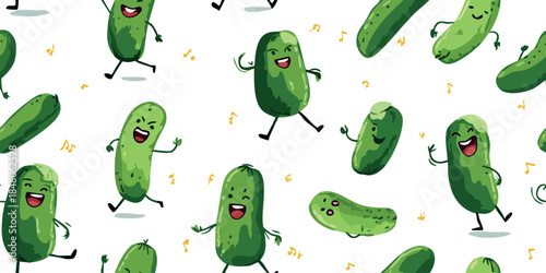 Funny cartoon green pickle characters with expressive faces in a seamless pattern for children's textiles, kitchen decor, wallpaper, and whimsical food branding