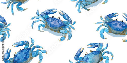 Vibrant watercolor blue crab seamless pattern for tropical beachwear, summer textiles, nautical home decor, wrapping paper, and ocean-themed packaging or branding
