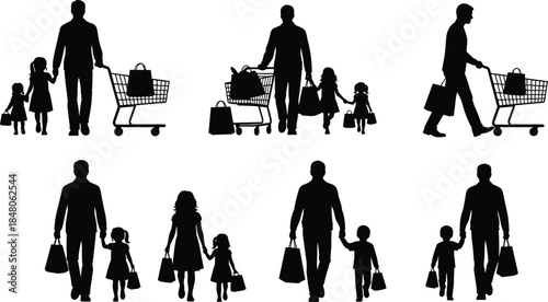 Family shopping silhouettes showing parents and children with grocery bags and carts, illustrating retail lifestyle, supermarket visits and everyday consumer behavior