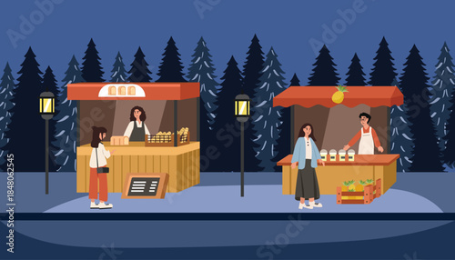 Outdoor Night Market Scene with Food Stalls and Shoppers. Food festive at park. Night market. New year food fest.