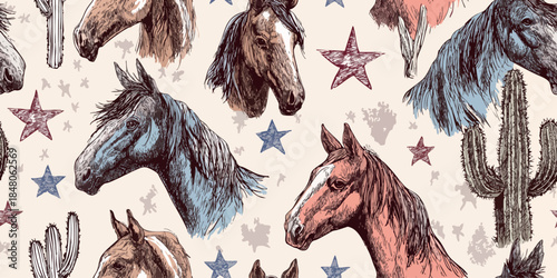 Western style horse head and cactus seamless pattern with stars for rustic home decor, equestrian branding, cowboy-themed textiles, stationery, and vintage wallpapers