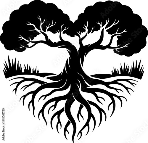 Old Tree & Roots in Heart Shape silhouette vector illustration