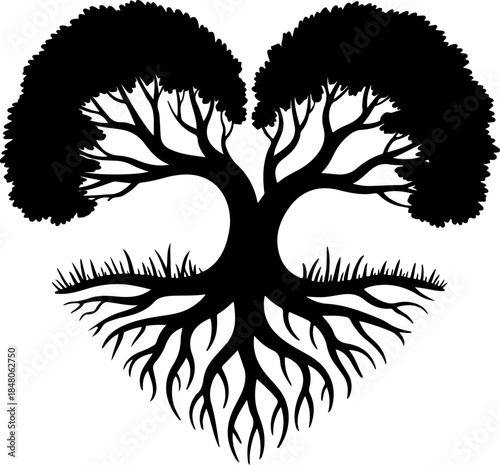 Old Tree & Roots in Heart Shape silhouette vector illustration