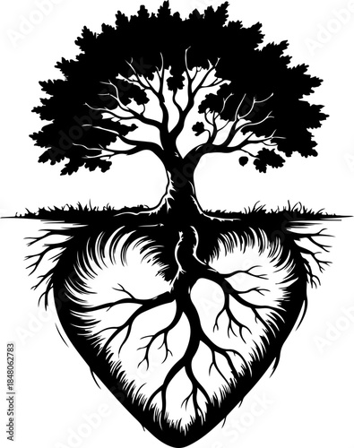Old Tree & Roots in Heart Shape silhouette vector illustration