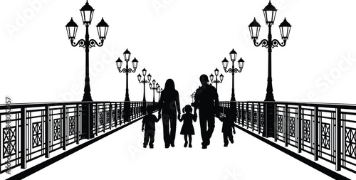 Family walking together on illuminated bridge silhouette, parents and children holding hands, urban evening atmosphere, togetherness, lifestyle, and city travel concept