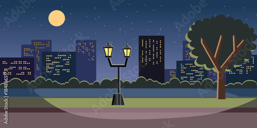 Night in the City Park with Streetlight and Moon. Urban park with river and city light. Public facility. Cityscape park.