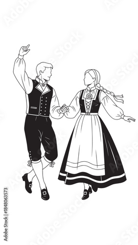 Two people in traditional folk costumes performing a lively dance together.