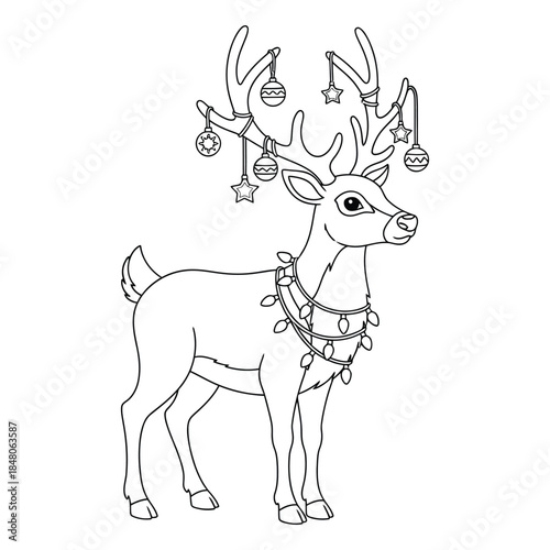 Cute Christmas Reindeer Coloring Page – Holiday Deer with Ornaments and Lights Line Art Illustration for Kids and Adults