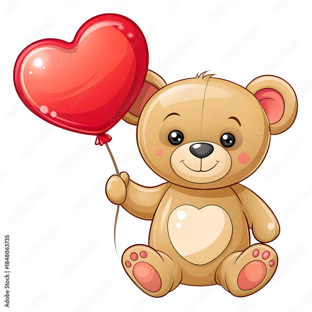 Obraz premium Cute Teddy Bear with Red Heart Balloon Illustration
