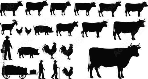Farm animal silhouette collection featuring cows, pigs, chickens, roosters, farmers, and rural agriculture elements isolated on white background illustration set