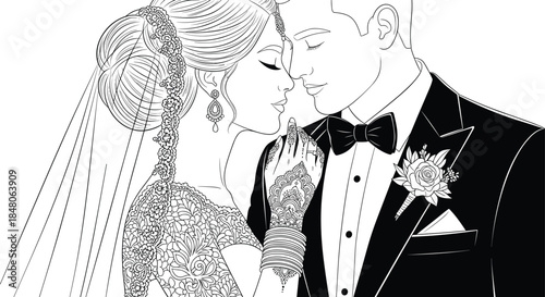 Hand Drawn Vector Illustration of Romantic Wedding Couple, Indian Bride with Mehndi and Groom in Tuxedo Isolated on White