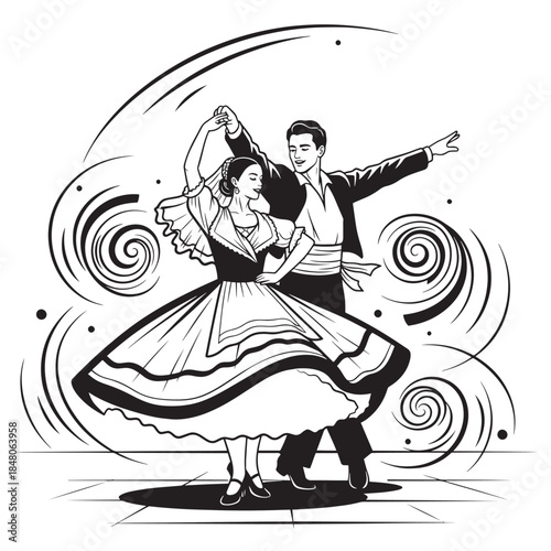 Energetic Black and White Illustration of a Dancing Couple in a Vintage Ballroom.
