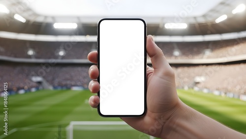 Hand Holds Phone Mockup with White Screen at Soccer Stadium