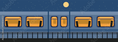 Night Train Journey Under the Moonlight. Night subway train. Public transportation. Passenger seat locomotive.
