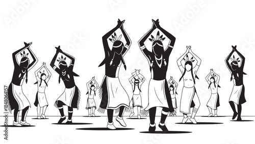 Group of dancers performing energetic choreography in a stylized black and white illustration.