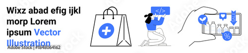 E-commerce, technology, online shopping, coding, digital payment, healthcare. Icons include a shopping bag with a medical cross, a programmer and a smartphone discounts. E-commerce and technology