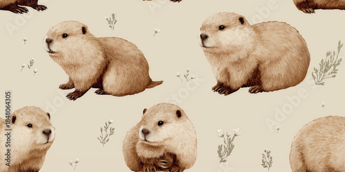 Cute groundhog and wildflower seamless pattern for spring nursery textiles, whimsical children's apparel, nature-themed home decor, wallpapers, and gift wrapping paper
