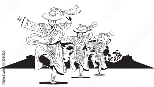 Traditional Vietnamese farmers performing a folk dance wearing conical hats in a rural landscape.