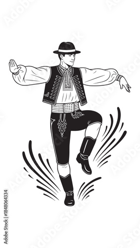 Traditional accordion player performing energetic folk dance in a classic costume.