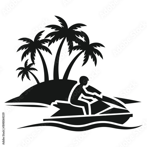 Jet ski silhouette near island shoreline with simplified palm tree shapes for summer holiday branding icon