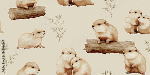 Charming groundhog sitting on a log seamless pattern for rustic nursery textiles, woodland-themed home decor, children's branding, wallpapers, and botanical stationery