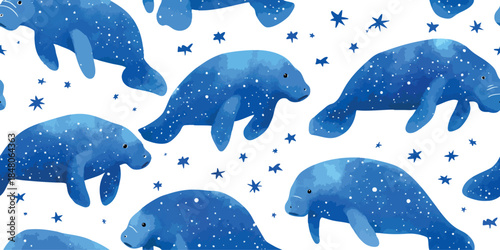 Whimsical blue manatee and starry sky seamless pattern for magical ocean-themed nursery textiles, kids' apparel, marine branding, wallpapers, and gift wrapping paper
